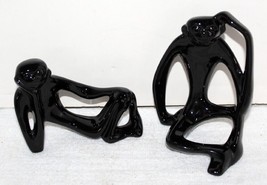 Vintage Pair MCM Thinking Sitting Monkeys ~ Gloss Black Ceramic ~ Excellent - £56.08 GBP