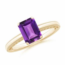 ANGARA Emerald Cut Amethyst Solitaire Ring with Milgrain for Women in 14K Gold - £706.49 GBP