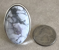 Vintage Style Large Gray Marble Stone Silvertone Statement Costume Ring Size 6.5 - £11.87 GBP