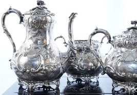 4pc Fanciest c1858 Antique Armorial Sterling Repousse tea set - £3,512.25 GBP