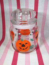 Vintage 1990  Anchor Hocking Glass Halloween Pumpkin Witch Graphic Jar Canister - £19.18 GBP