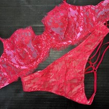 NWT Victoria&#39;s Secret 34B unlined BRA SET S thong RED pink FLORAL lace V... - £54.17 GBP