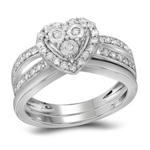 10k White Gold Womens Diamond Heart Bridal Wedding Engagement Ring Band Set - $950.00