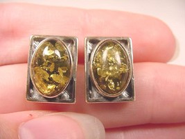 (PE40-1-Q) Green Yellow Amber + .925 Sterling Silver Rectangle Stud Earrings - £35.86 GBP