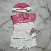 Harley Davidson Baby Girls Outfit Pink White Shorts Top Hat Logo Terry 6/9 M - £19.69 GBP