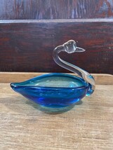 Cobalt Blue and Clear Glass Swan Candy Dish Trinket Bowl Glass Swan Appl... - £19.16 GBP