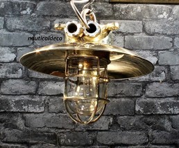 Vintage Submarine Brass Ceiling Light - Authentic Hanging Fixture with S... - £122.47 GBP