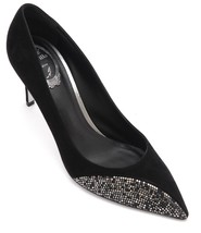 RENE CAOVILLA Black Suede Leather Pumps Crystasl Pointed Toe Heel Slip On Sz 40 - £376.42 GBP