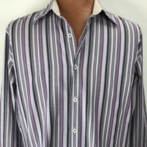 MICHAEL KORS Men’s Striped Purple 100% Cotton Long Sleeve Shirt Size Large - £27.96 GBP