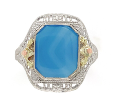 10k White Gold Filigree Genuine Natural Blue Onyx Ring w/ Gold Accents (... - $564.30
