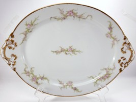 Wm Guerin Oval Platter 13.75&quot; White Limoges Porcelain Pink Floral Gold Trim - £71.51 GBP