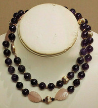 Marked 14.20 G Amethyst and Pink Quartz Stones 31&quot; Total Length Necklace - £13.16 GBP