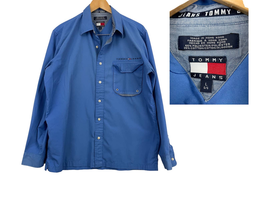 VTG Tommy Jeans Blue Long Sleeve Shirt LARGE Men&#39;s Hilfiger Y2K Collared  - £38.95 GBP