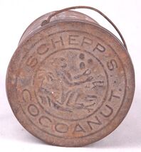 ANTIQUE SCHEPP'S COCOANUT LITHOGRAPHED MONKEY TIN w/ BAIL HANDLE &amp; EMBOS... - $29.99