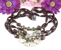 4 Strand CHOCOLATE BROWN BEADED NECKLACE Vintage Clear Smokey Gray Beads... - £16.57 GBP