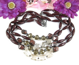 4 Strand Chocolate Brown Beaded Necklace Vintage Clear Smokey Gray Beads 21 &amp;24&quot; - £16.71 GBP