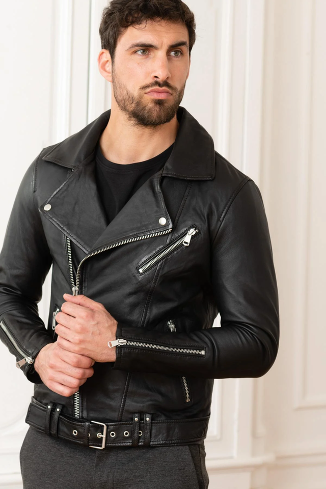 Primary image for Black Leather Jacket Men Lambskin Biker Motorcycle Handmade Stylish Fashionable