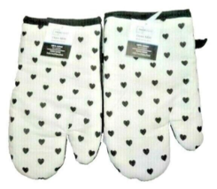 Oven Mitts Black Hearts on White 2pc Kitchen Valentine&#39;s Day Holiday Cot... - $9.50