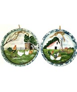 Vtg Toleware Decorative Blue TIn Trays Barnyard Motif 11&quot; Set of 2 Signe... - $411.68 MXN