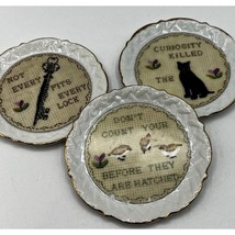 Set 3 Vtg Porcelain Idiom Proverbs Coasters Trinket Dish 3.5&quot; Chickens Cat Keys - £13.25 GBP