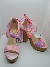 Zaneta by SHOEDAZZLE, Pink tie dye strappy 5&quot; cork heel platform sandals Size 9 - £19.05 GBP
