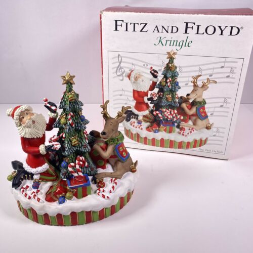 Fitz & Floyd Kringle Musical Figure Santa W/ Reindeer Plays Deck The Halls - £19.45 GBP