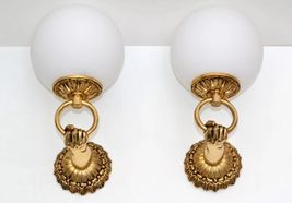 Set of 2 Vintage Art Deco Brass Hand Holding White Globe Wall Sconce Lamps - £857.61 GBP