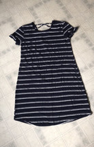 Maurices Navy Blue Knit T-Shirt Striped Dress Size Small Criss Cross Back - $26.88