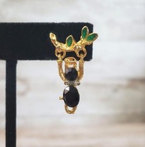 Pin / Brooch Angel Black &amp; Gold Tone Dangling From A Branch, With Green Leaves - £6.38 GBP