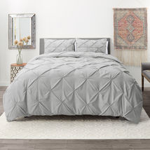 Silver Light Gray Queen Pinch Pleat Duvet Cover Set 3Pc Luxurious Pintuck Style - £50.60 GBP