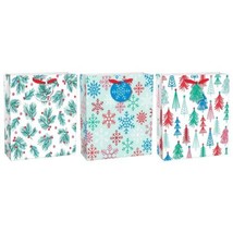 Holly Tree Snowflake 3 Pc Christmas Gift Bag Set with Tags 12 x 12 inch - £5.98 GBP