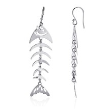 Sterling Silver Long Dangling Fish Skeleton Earrings - £35.31 GBP