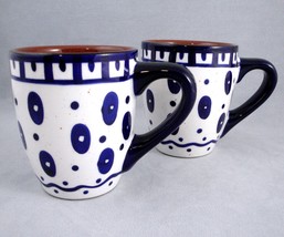 Certified International Peacock Dot Blue White Enameled Clay Coffee Mugs 2pc set - £17.19 GBP