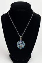 Early 2000s Lotus Chakra Pendant Necklace – Silver Tone with Iridescent Blue Ena - $22.72 CAD