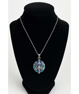 Early 2000s Lotus Chakra Pendant Necklace – Silver Tone with Iridescent Blue Ena - $16.20