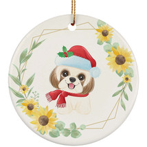Cute Baby Shih Tzu Dog Ornament Sunflower Wreath Christmas Gift Pine Tree Decor - £11.82 GBP