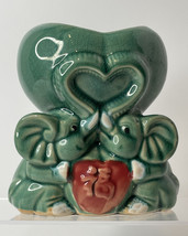 Glazed Green Ceramic Kissing Elephant Planter With Trunks Up In Heart - £19.74 GBP