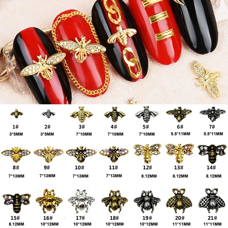 10pcs Japan 3d Alloy Bee Metal Nail Art Decorations Gold Silver Copper Bee Studs - £10.61 GBP+