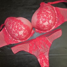 Victoria&#39;s Secret 34DDD Bh Set M Tanga Rot Beige Swarovski Fischnetz Spitze - £66.30 GBP