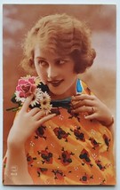 RPPC Pretty Woman With Daisies In Orange Hand Colored Photo Postcard A38 - £12.74 GBP