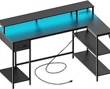 53 Inch Reversible L Shaped Desk With Led Lights &amp; Power Outlets, Comput... - $230.99