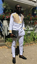 Men&#39;s Embroidered Gold and White Long Sleeve Shirt and Pants African Clo... - $95.00