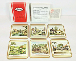 Vintage Set 6 Pimpernel Coasters ENGLISH VILLAGE Acrylic Finish Square Cork Back - £10.27 GBP