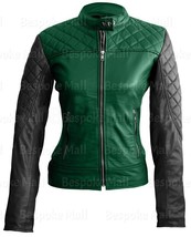 New Handmade Woman Green Black Quilted Cowhide Fashion Soft Leather Jack... - $167.39+