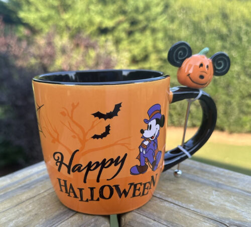 DISNEY Mickey Mouse Donald Pluto Orange Halloween Cup w/Pumpkin Stir Stick NEW - $28.99