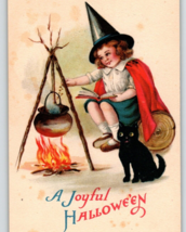 Halloween Postcard Ellen Clapsaddle Girl Witch Caldron Black Cat Wolf Series 106 - £91.98 GBP