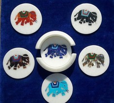 White Marble Coaster Set Semiprecious Elephant Inlay Art Tea Coffee Table Decor - £188.87 GBP