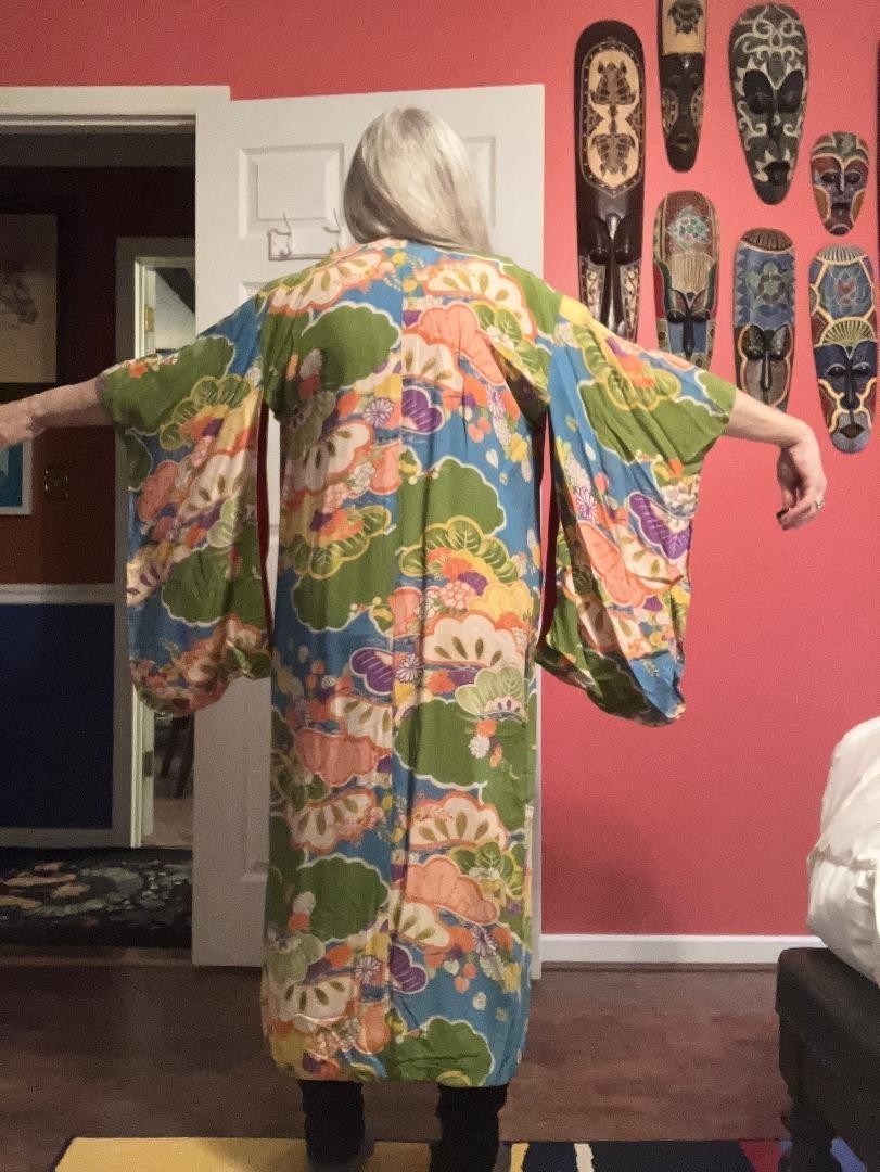 CL-KIM-7 Pre WWII vintage long multicolor pink blue floral design Kimono Medium Item image 5