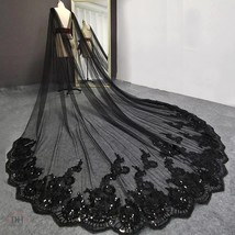Gothic Black Bridal Cape w/ Bling Sequin Lace, Cathedral Bridal Cape, Bl... - $124.95