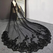 Gothic Black Bridal Cape w/ Bling Sequin Lace, Cathedral Bridal Cape, Black Veil - £97.74 GBP